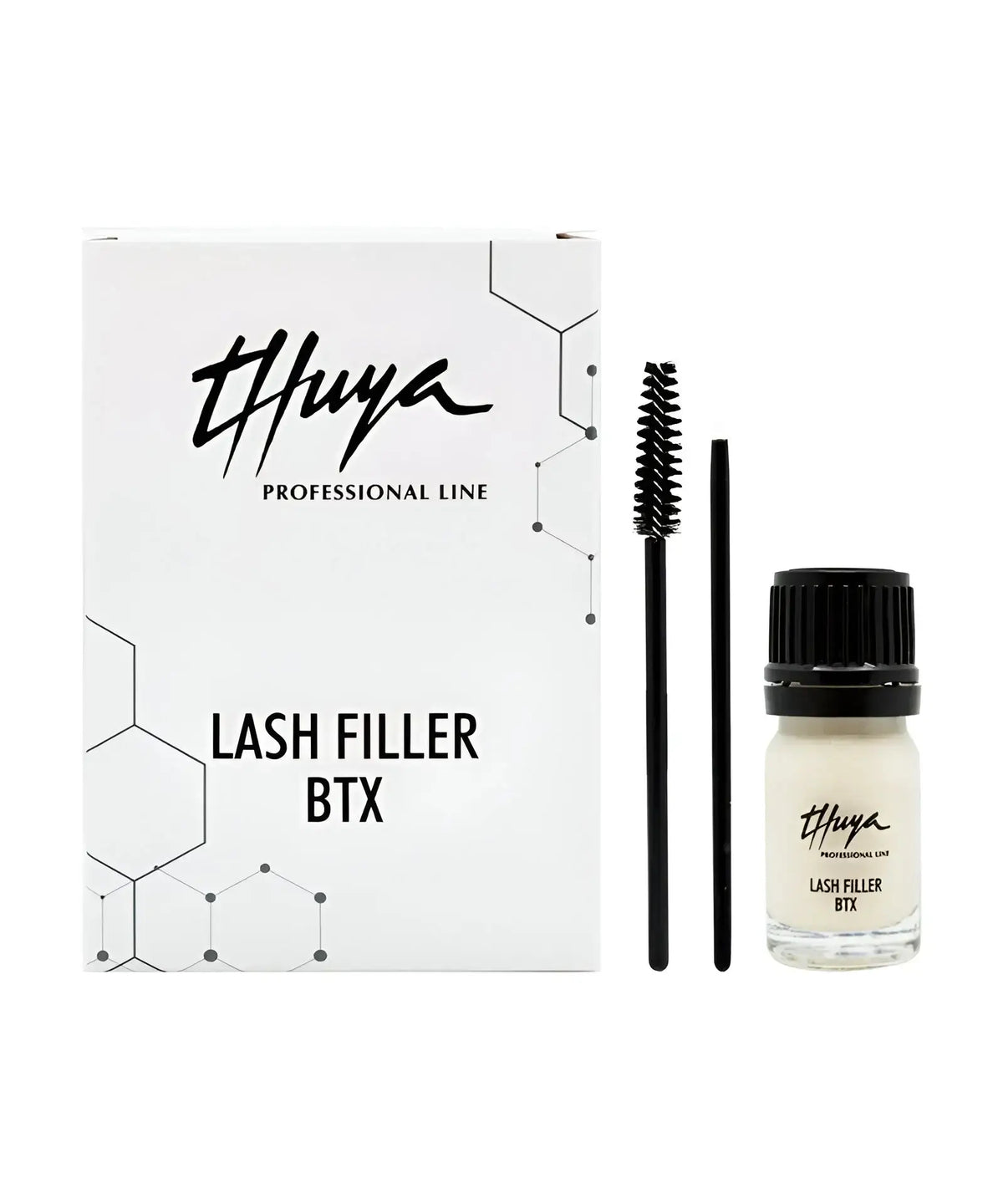 Thuya Professional Line Lash Filler BTX kit, featuring a white box with black text, a small bottle of cream-colored liquid, and two applicator tools (spoolie and brush) on a solid white background.
